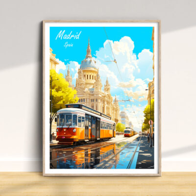 Colorful tram in sunny Madrid street illustration.