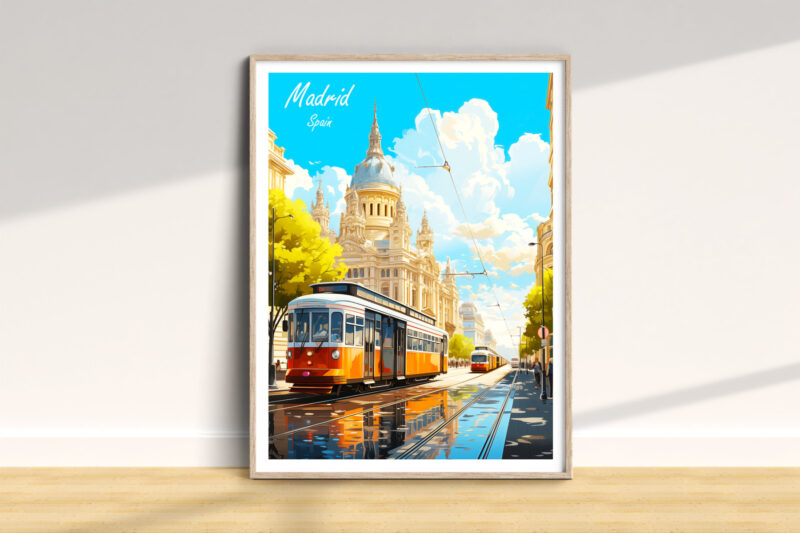 Colorful tram in sunny Madrid street illustration.