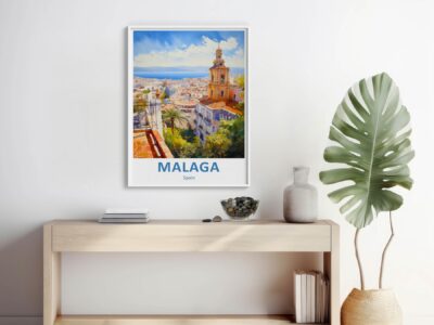 Modern living room with Malaga Spain poster