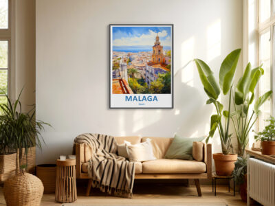 Cozy living room with Malaga poster, plants