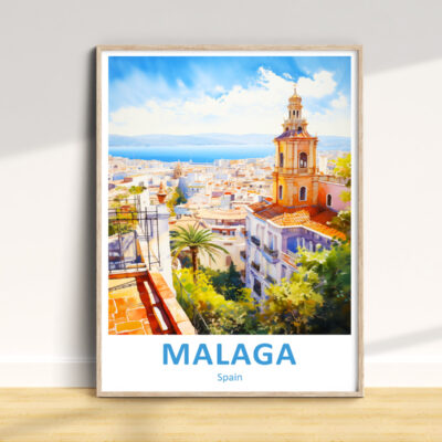 Framed vibrant Malaga cityscape poster on floor.