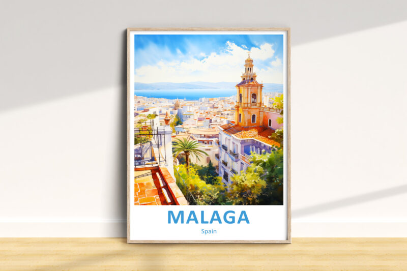 Framed vibrant Malaga cityscape poster on floor.