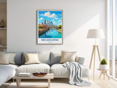 Modern living room with Melbourne poster on wall.