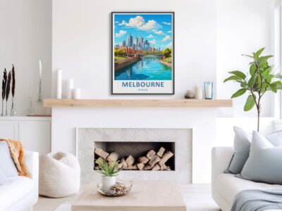 Modern living room with Melbourne skyline artwork.