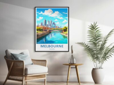 Melbourne cityscape illustration in room interior.