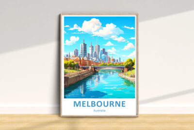 Illustrated poster of Melbourne skyline and river.