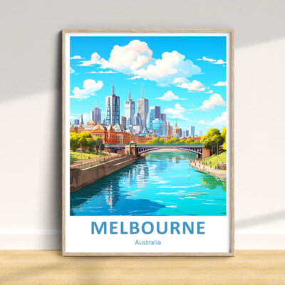 Illustrated poster of Melbourne skyline and river.