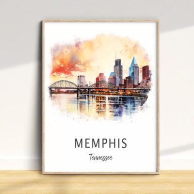Watercolor painting of Memphis skyline at sunset.