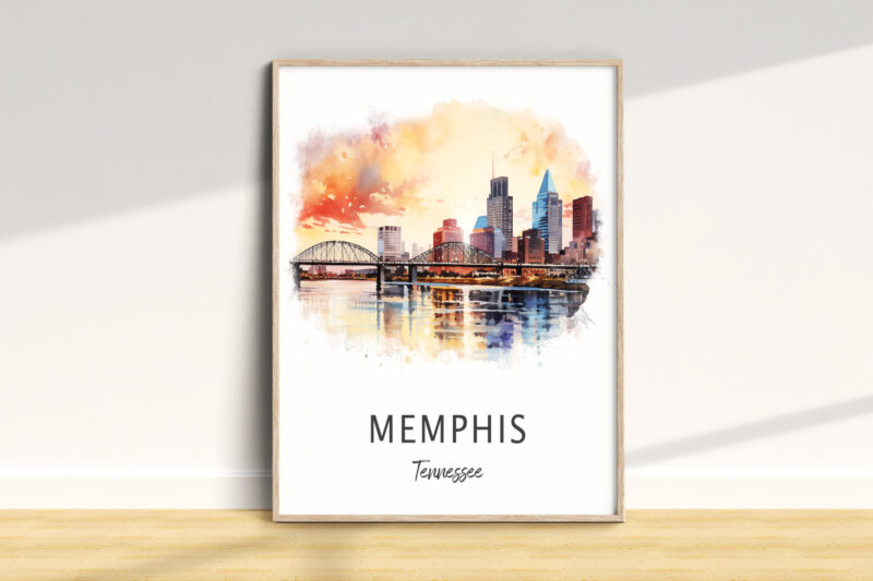 Watercolor painting of Memphis skyline at sunset.
