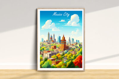 Illustration of Mexico City skyline and nature.