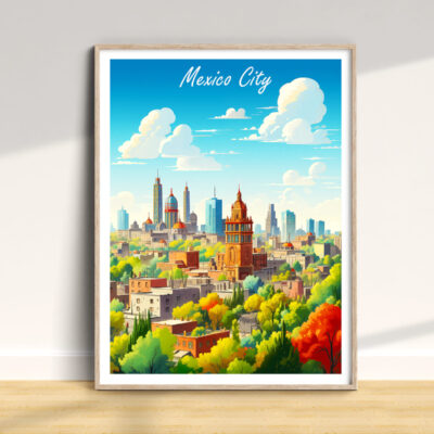 Illustration of Mexico City skyline and nature.