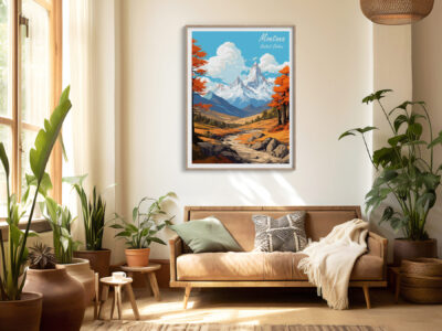 Cozy living room with landscape painting and plants.