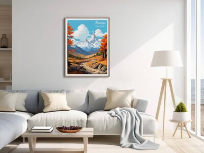 Modern living room with mountain art.