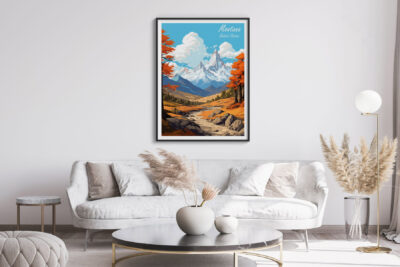 Modern living room with Montana mountain artwork.