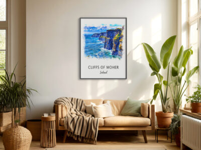 Cozy living room with Cliffs of Moher artwork.