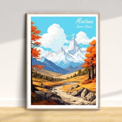 Colorful landscape poster of Montana mountains.
