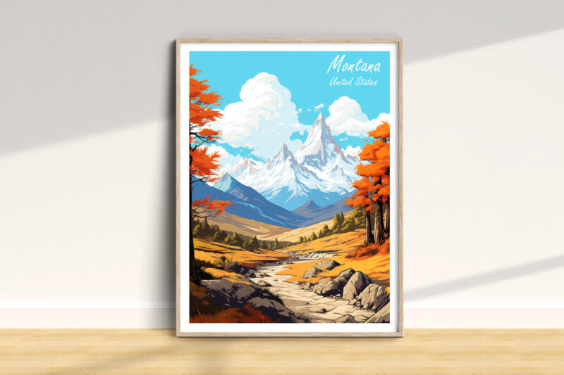 Colorful landscape poster of Montana mountains.