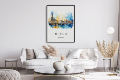 Stylish living room with Munich art poster.