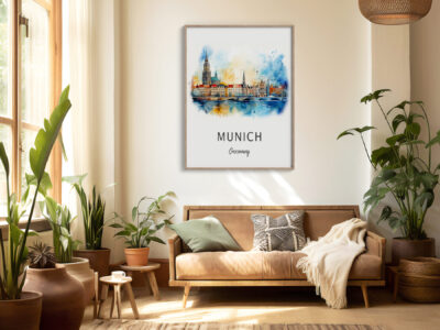 Cozy living room with Munich artwork and plants