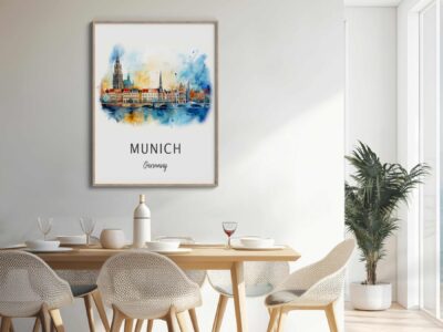 Dining room with Munich cityscape artwork.
