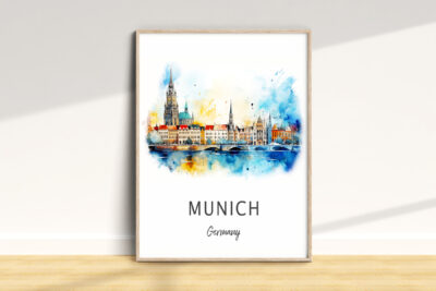 Watercolor skyline of Munich, Germany in frame.