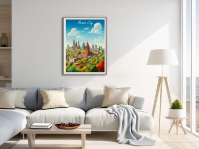 Living room with Mexico City poster on wall.