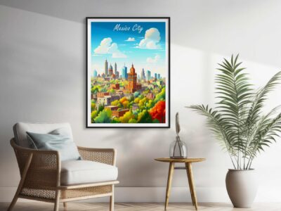 Framed Mexico City poster in modern room setting.