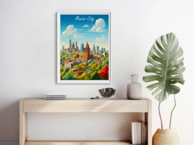 Framed Mexico City skyline art on minimalist shelf.