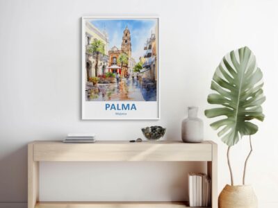 Palma Majorca artwork on modern light wood table.