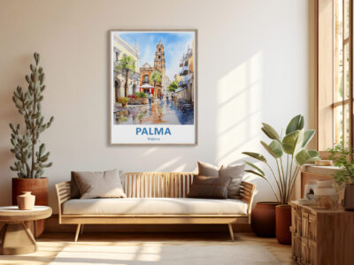 Modern living room with artwork of Palma, Majorca.