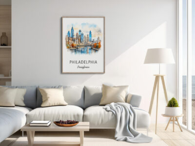 Modern living room with Philadelphia skyline art.