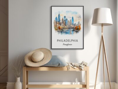 Philadelphia skyline artwork above cozy bench setup.