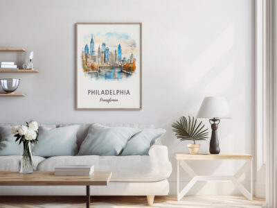 Modern living room with Philadelphia city art.