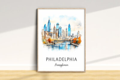 Philadelphia skyline watercolor painting, framed.