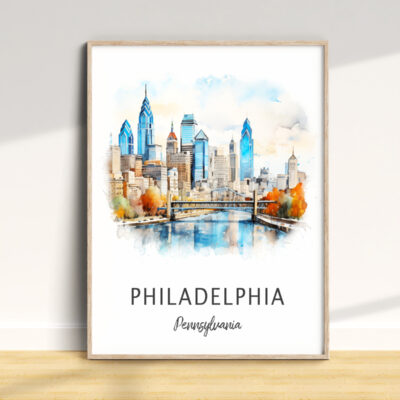 Philadelphia skyline watercolor painting, framed.