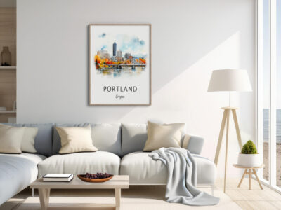 Modern living room with Portland poster.