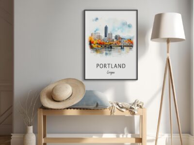 Portland cityscape painting on a wall