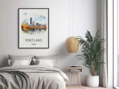 Bedroom with Portland artwork and indoor plant.