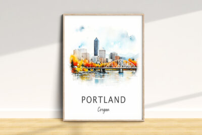Portland city watercolor illustration, autumn colors, framed art