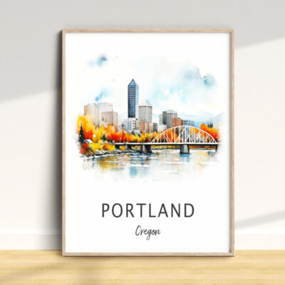 Portland city watercolor illustration, autumn colors, framed art