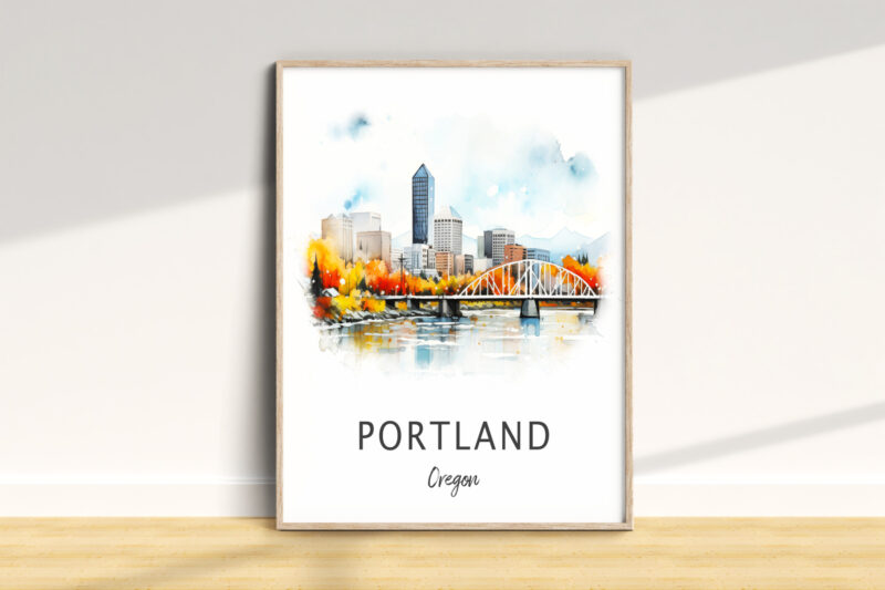Portland city watercolor illustration, autumn colors, framed art