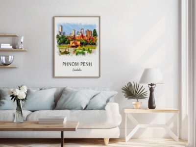 Modern living room with Phnom Penh artwork.