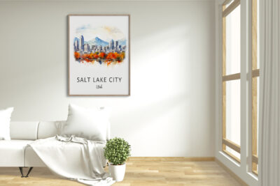 Salt Lake City skyline poster above modern couch.