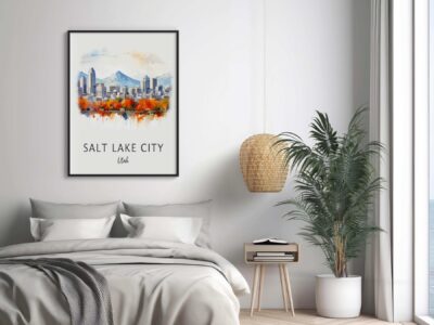 Bedroom with Salt Lake City art and plants.