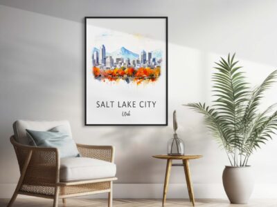 Salt Lake City watercolor skyline poster on wall.