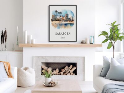 Modern living room with Sarasota art print.
