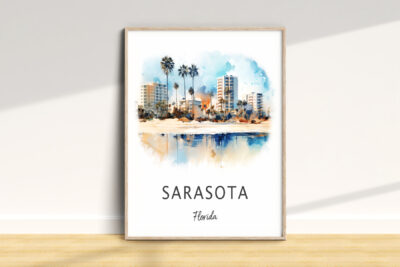 Sarasota artwork with cityscape and palm trees