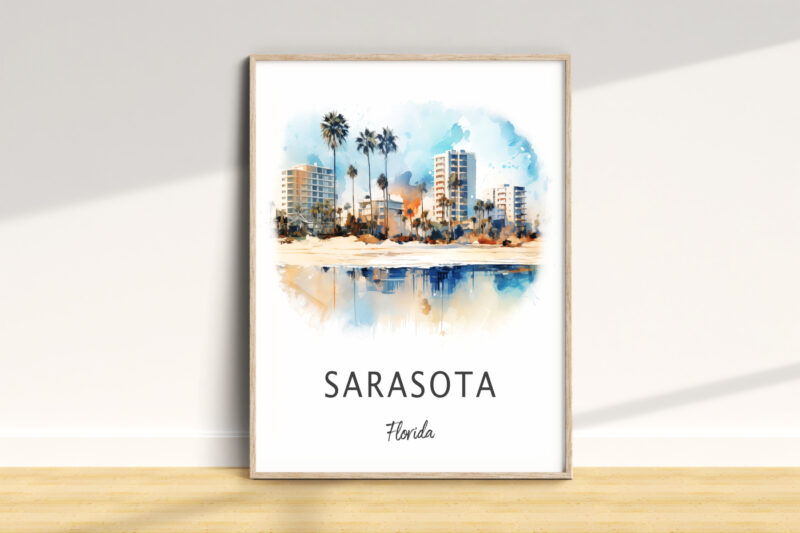 Sarasota artwork with cityscape and palm trees