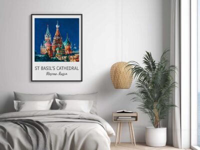 Bedroom with St. Basil's Cathedral artwork.