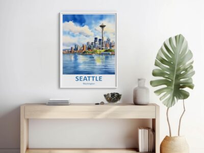 Seattle skyline poster on minimalist desk.